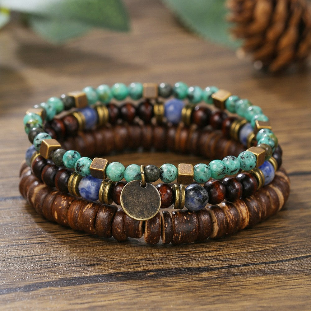 Handmade Round Wood Bead and Alloy Bracelet Unisex Geometric Stackable Jewelry
