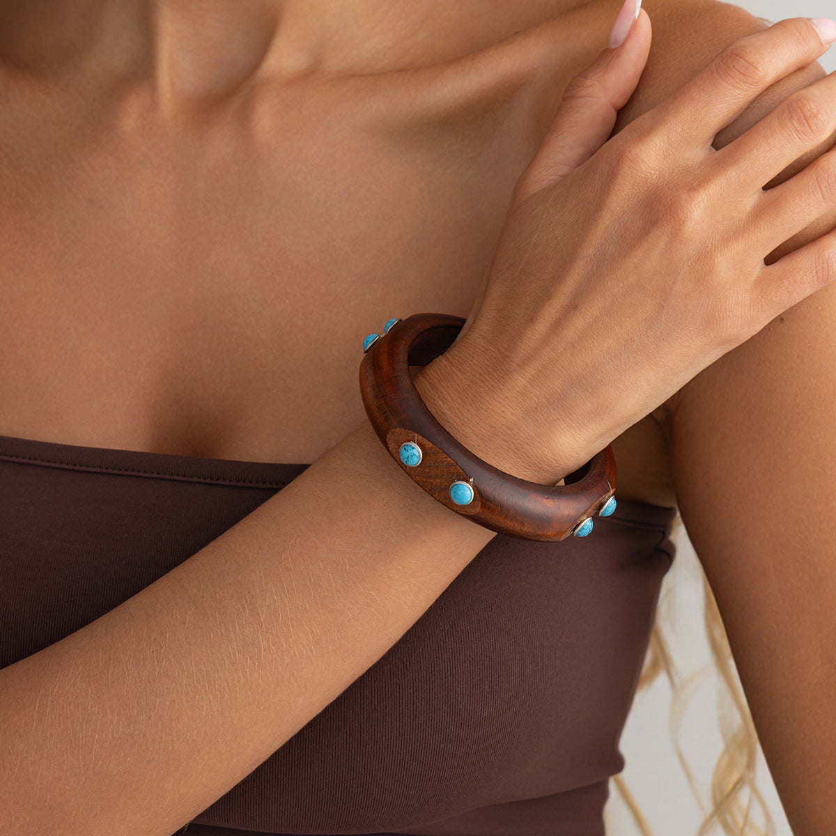 Vintage Ethnic Round Wood Cuff Bracelet Handmade