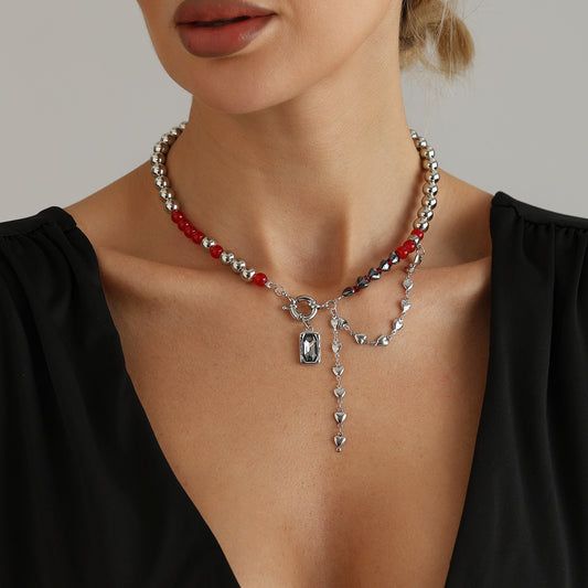 Sweet Streetwear Heart Geometric Resin Alloy Plated Necklace with Tassel Black Rhinestone