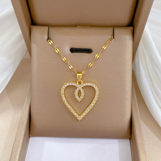 Minimalist Heart-Shaped Titanium Steel Plated Necklace for Women with Delicate Locket Chain and Moon Motif
