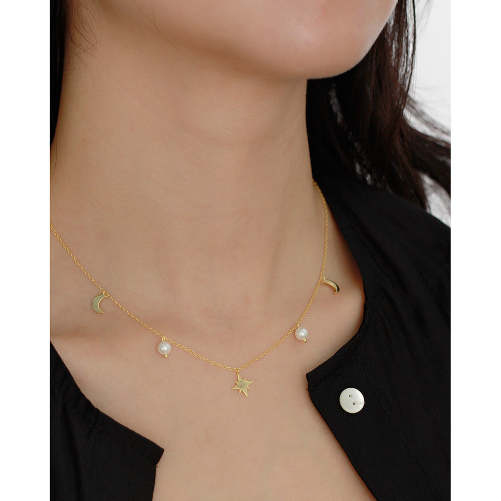 Elegante collar con colgante de perla de estrella y luna de plata de ley 925 con cadena chapada para mujer