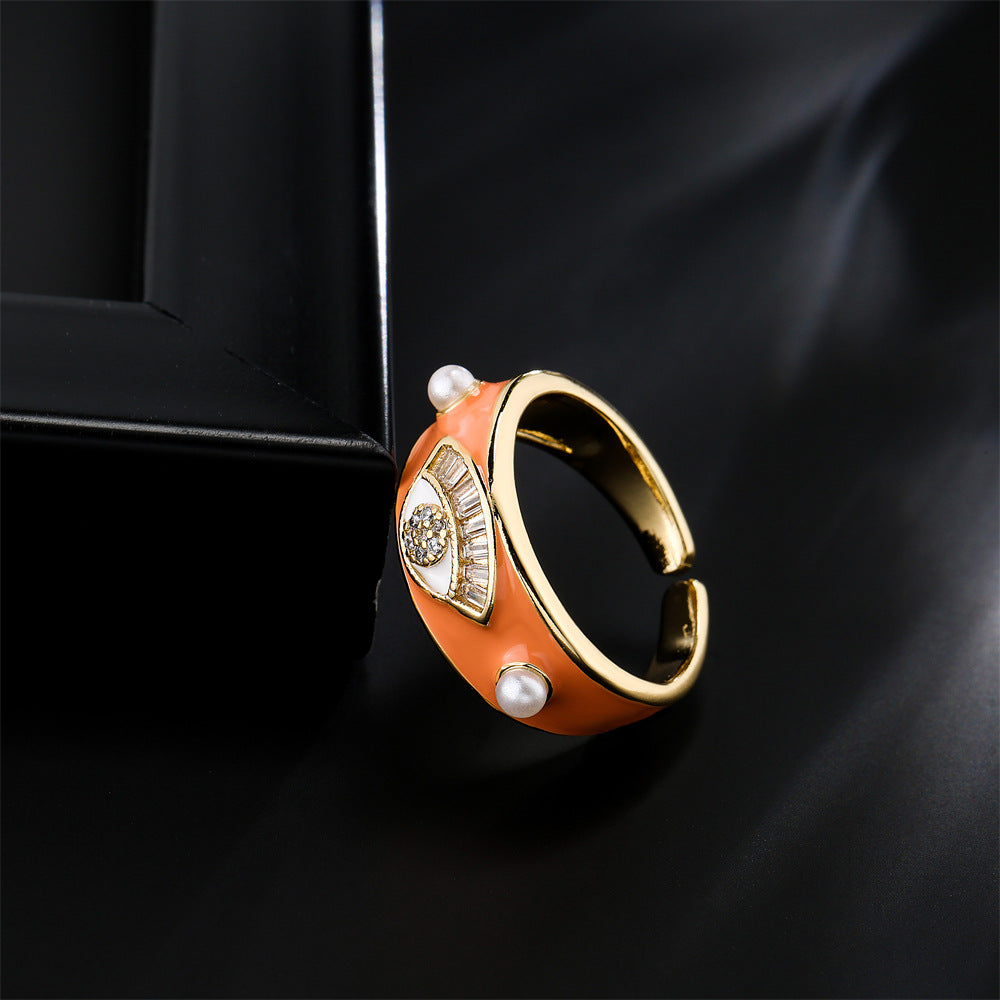 Minimalist Geometric Eye-Shaped Open Ring for Women Made of Brass with 18K Gold Plating and AAA Zircon Inlay