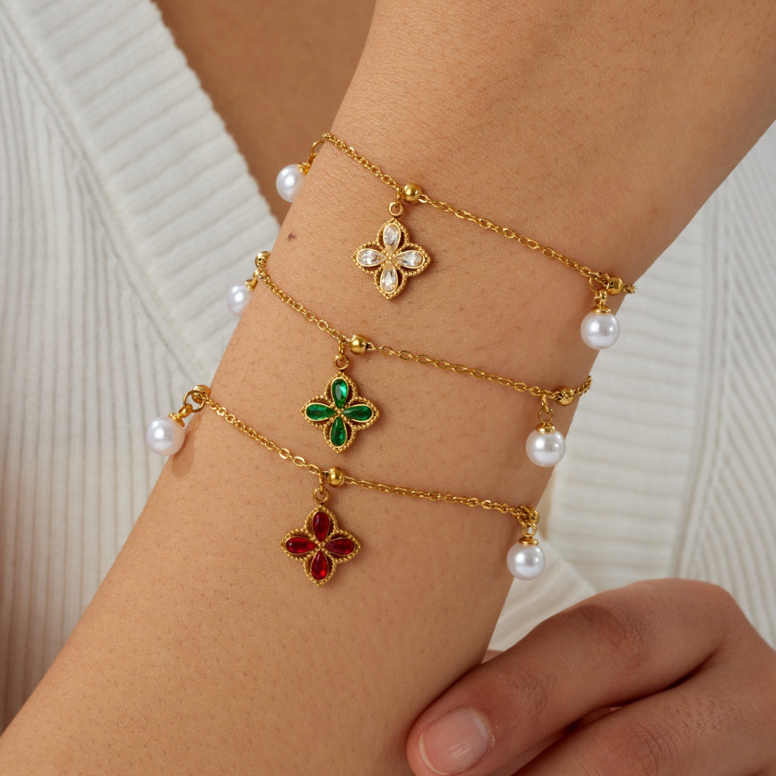 Elegant Business Gold Plated Stainless Steel Square Floral Rhinestone and Imitation Pearl Bracelet