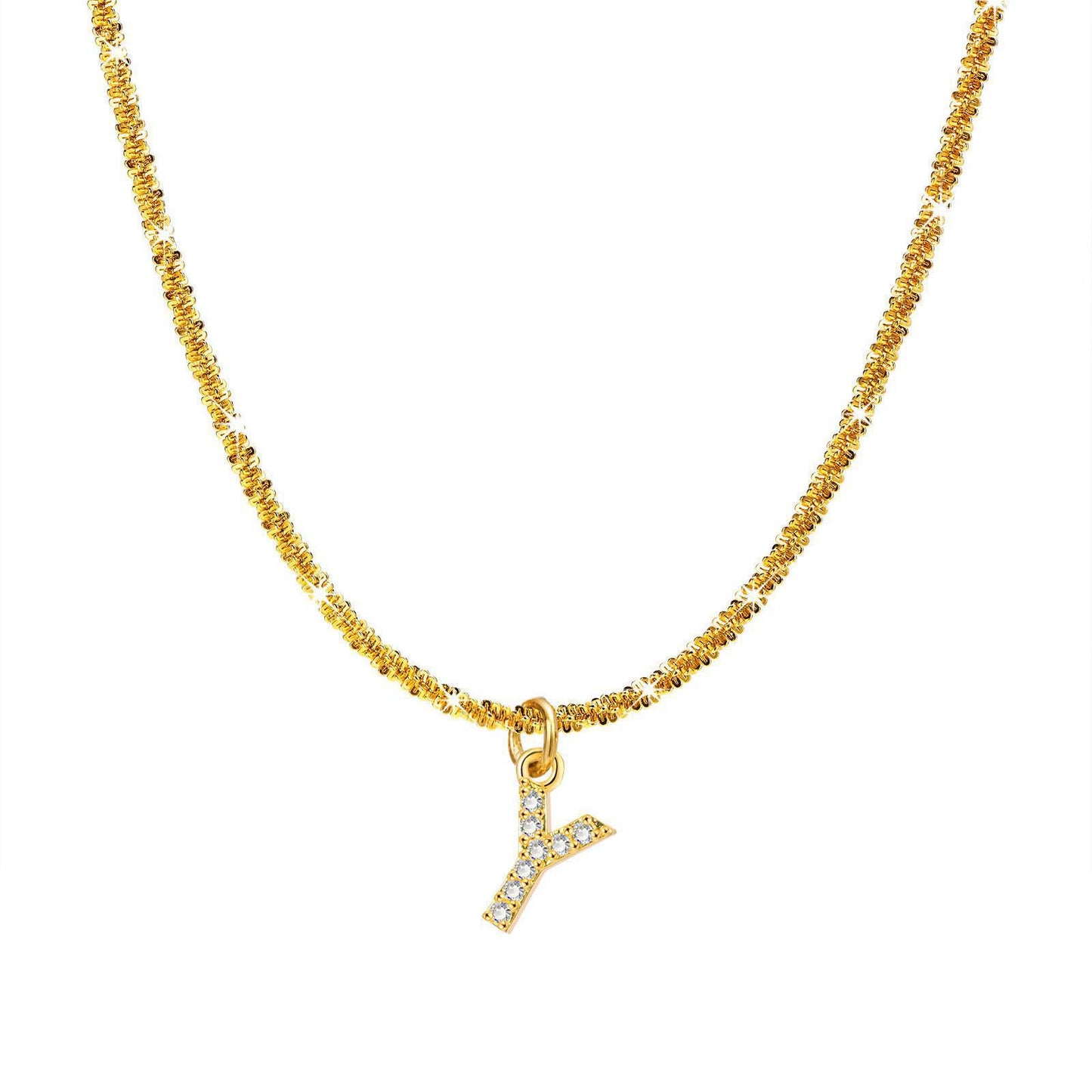 Collana da Donna Minimalista a Forma di Lettera in Acciaio al Titanio con Zirconi Intarsiati e Catena Ondulata