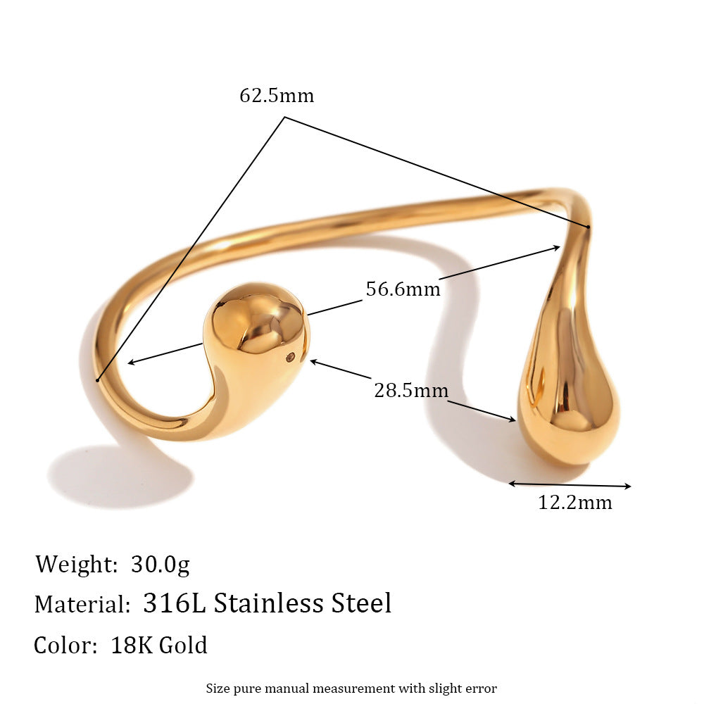 Bracciale rigido aperto minimalista da donna in acciaio inossidabile placcato oro 18 carati con doppia goccia irregolare