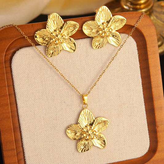 Vintage Minimalist Floral Stainless Steel Plated Jewelry Set for Women