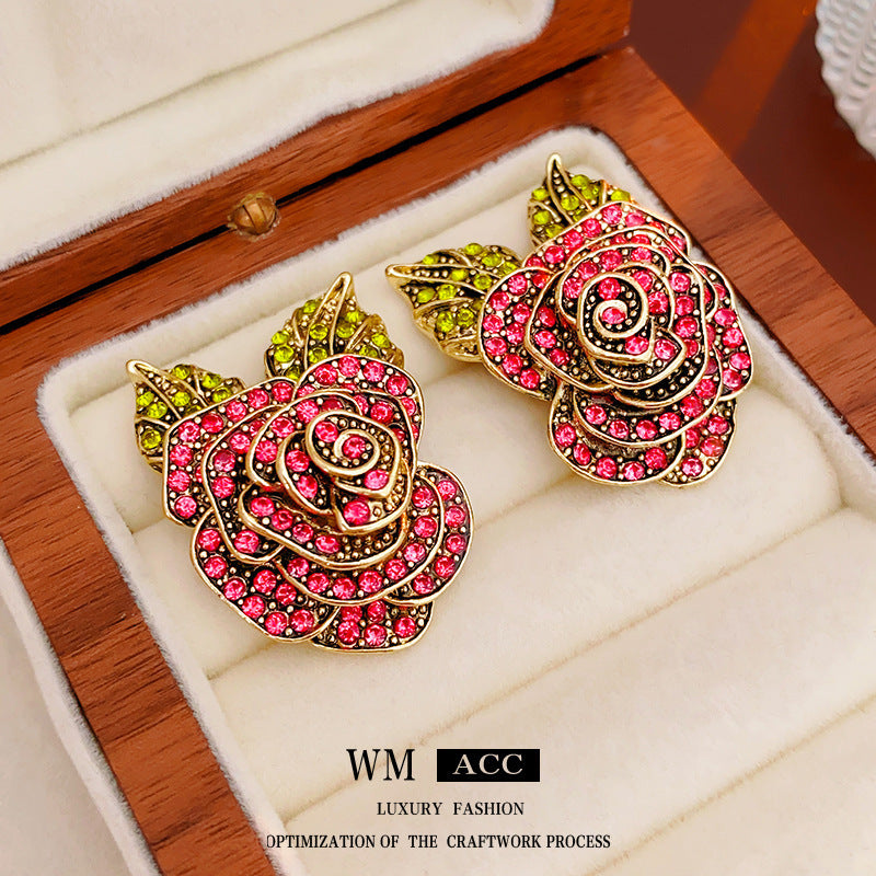 Vintage Geometric Earrings with Rhinestone Inlay for Women Copper Base with Stainless Steel Posts