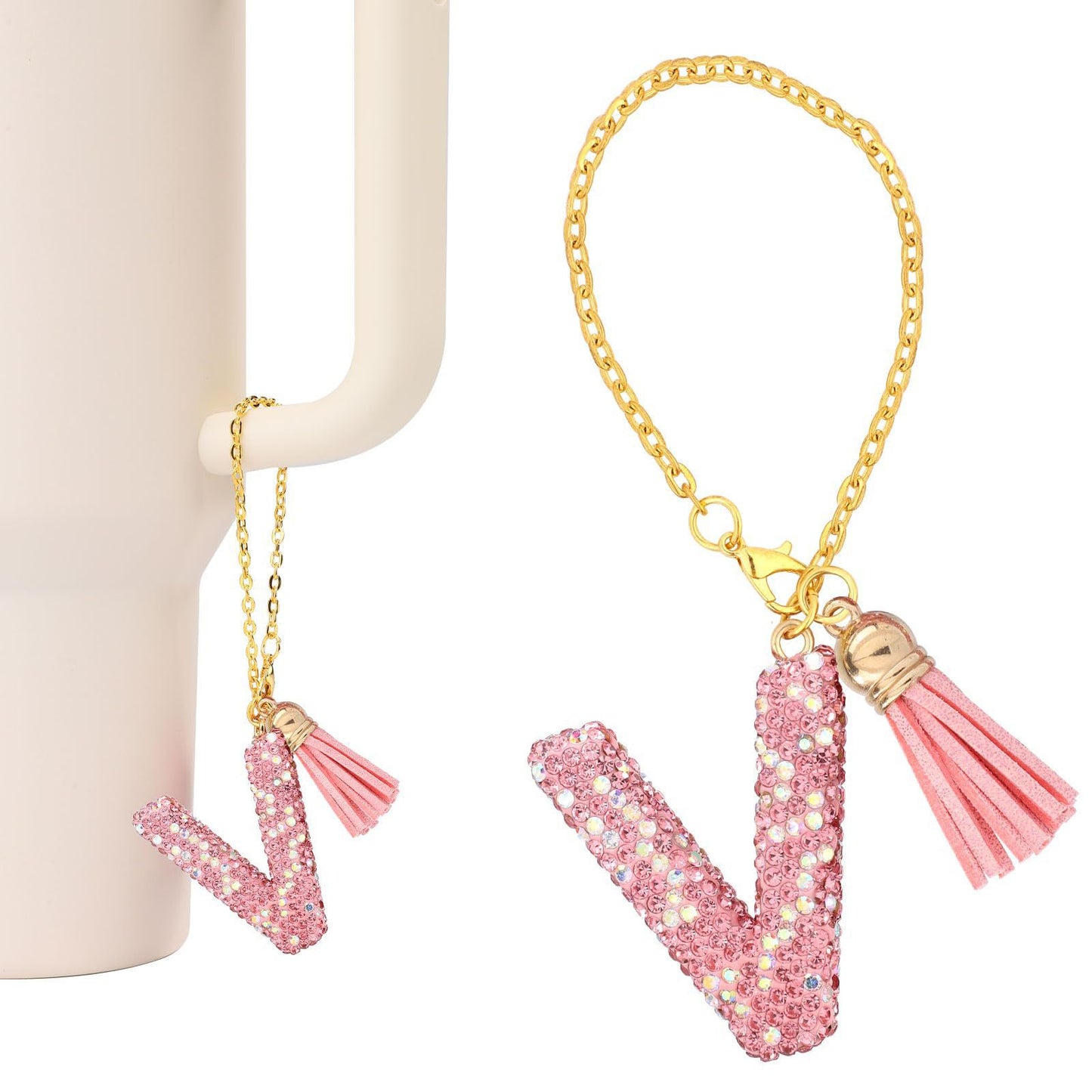 Minimalist Geometric Letter Ceramic Pendant with Gold Adjustable Chain Pink Tassel and Glitter Sequins