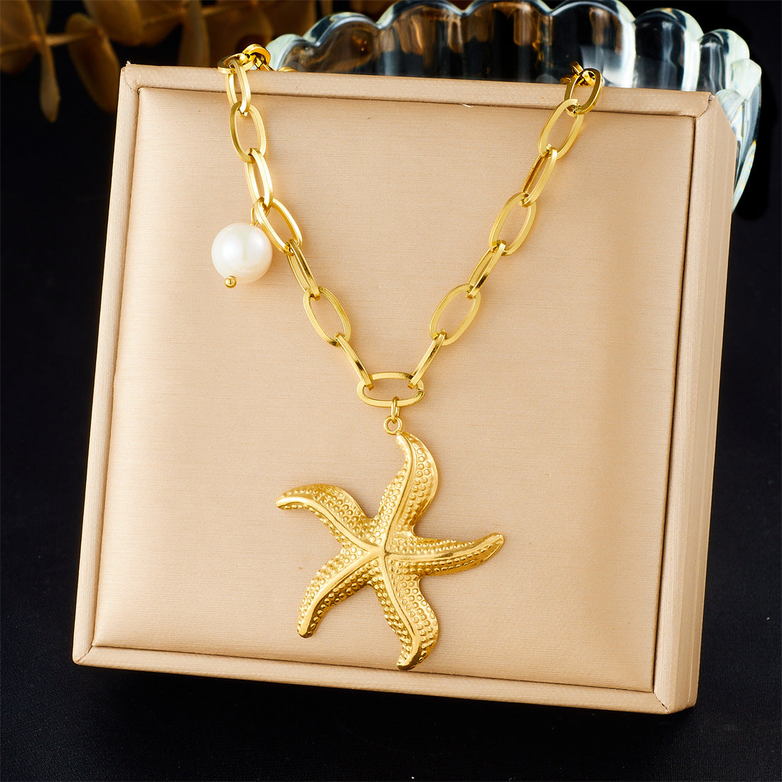 Minimalist Luxury Gold Plated Star Stainless Steel Necklace with Pearl Pendant Curb Chain for Women