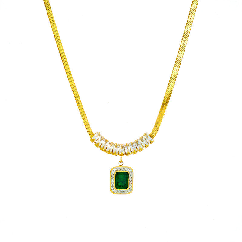 Vintage Minimalist Rhinestone-Set Square Green Crystal Pendant Necklace in Titanium Steel with Snake Chain