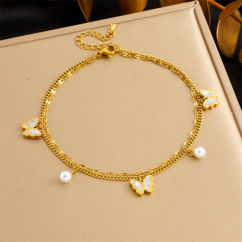 Minimalist Colorful Geometric Glass Rhinestone Butterfly Heart Stainless Steel Anklet