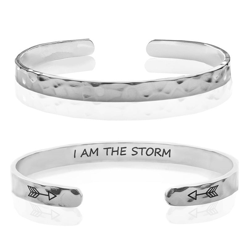 Minimalist Stainless Steel Engraved Open Moon Surface Textured Hammered Bracelet