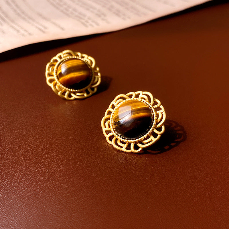 Minimalist Geometric Tiger Eye Stud Earrings in Alloy with Gold Plating for Women
