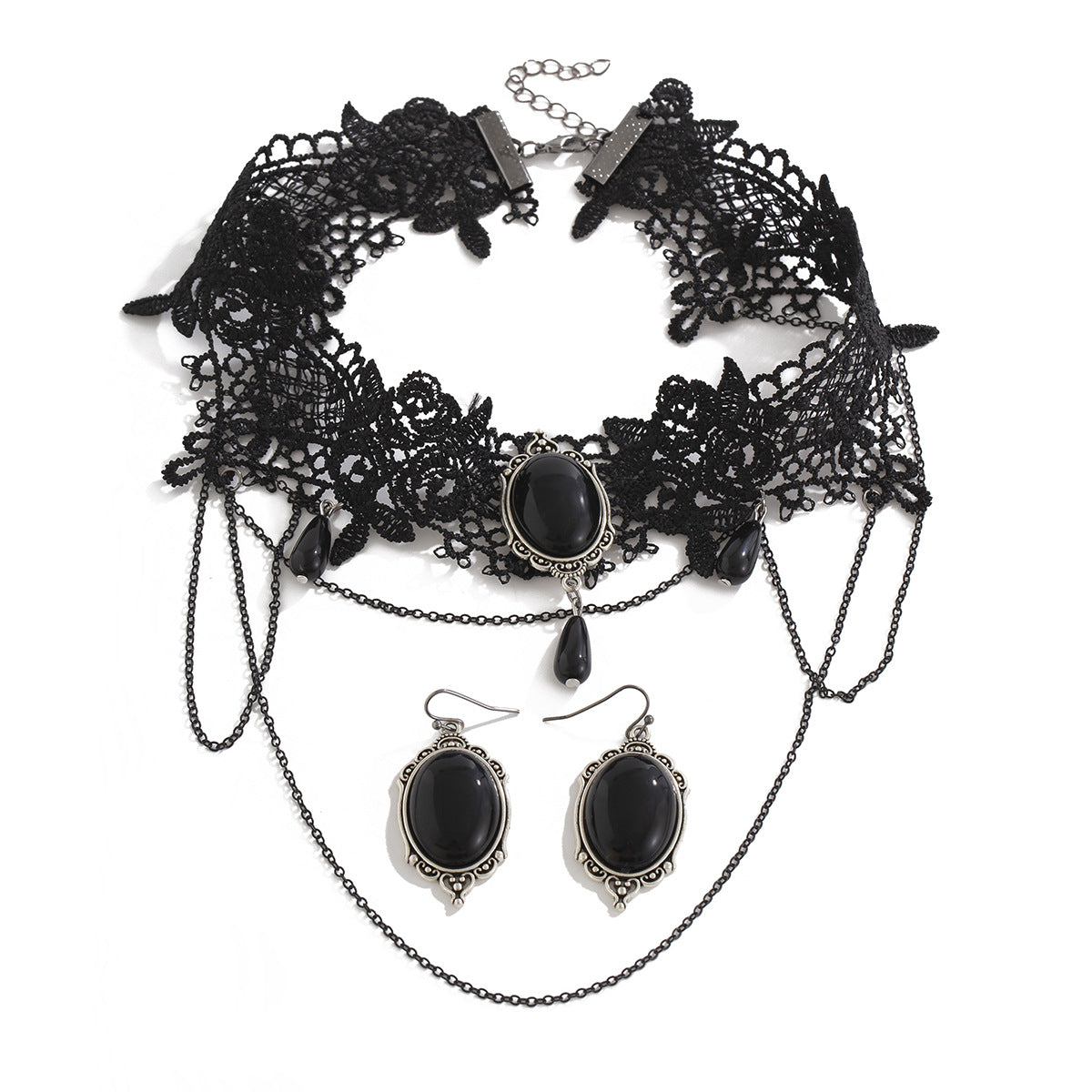 Gothic Moon Alloy Plated Necklace Set with Lace Tassel Choker for Women