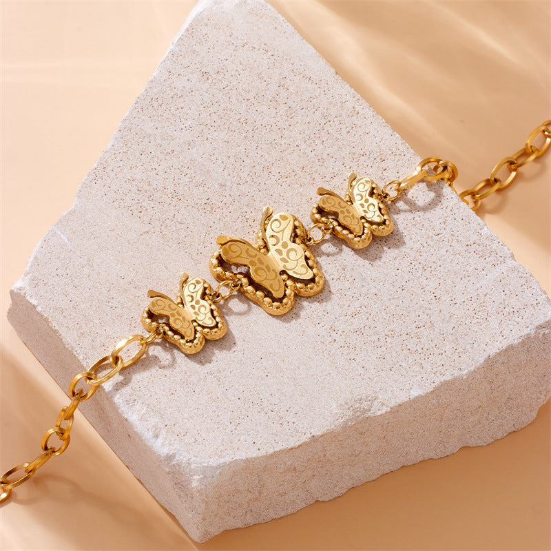 Vintage Minimalist Butterfly Pendant Bracelet in Stainless Steel with Gold Plating