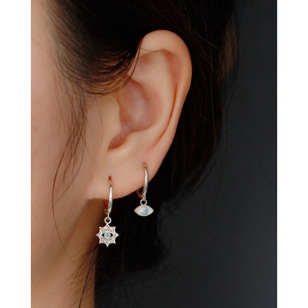 Orecchini a cerchio minimalisti unisex in argento sterling 925 con design geometrico a stella, occhio turco e zirconi cubici placcati