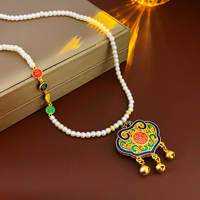 Vintage Floral and Geometric Alloy Pendant Necklace with Lucky Lock and Lotus Motif for Women