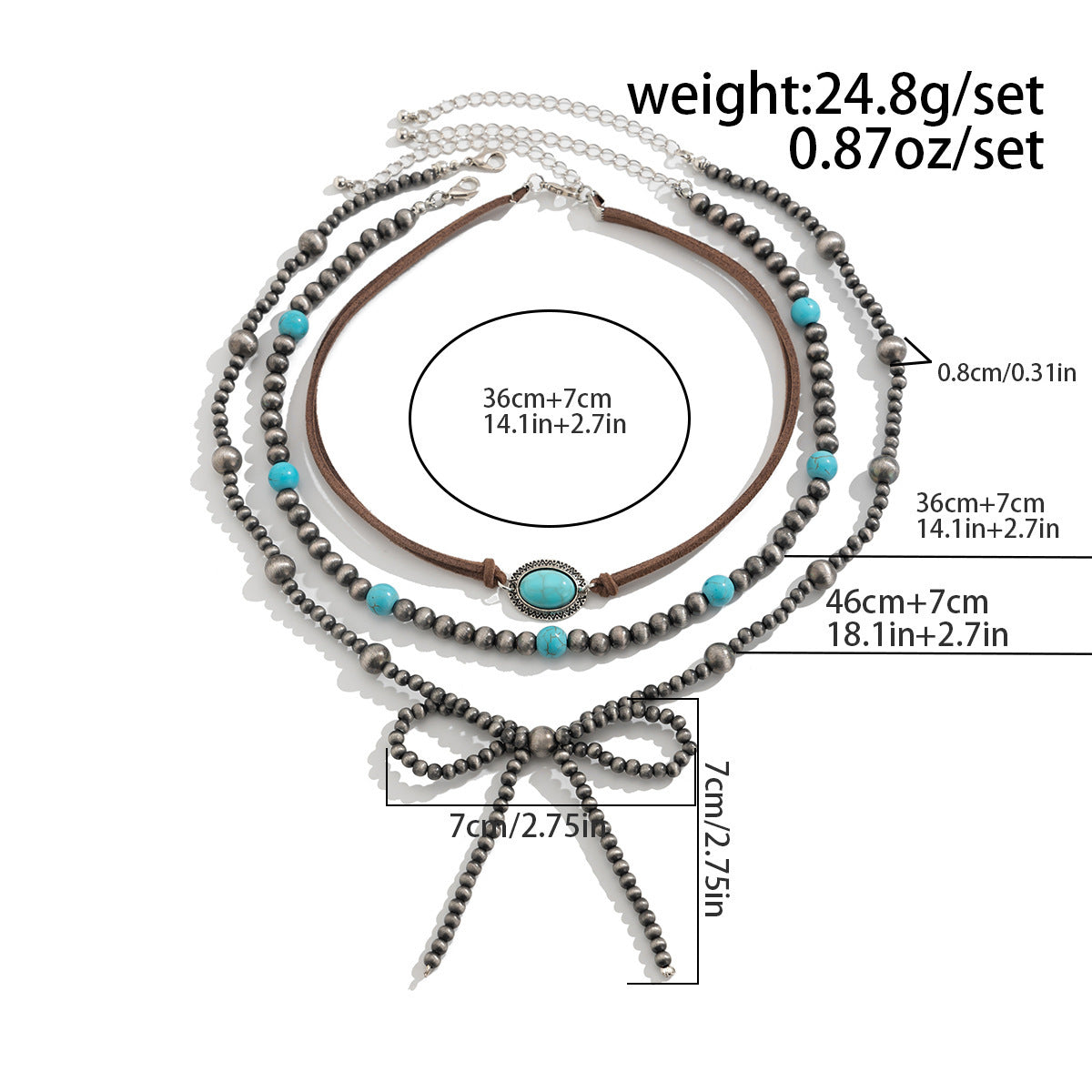 Bohemian Vintage Bowknot Beaded Necklace with Faux Turquoise Alloy Plated Multi-layer Chain for Women