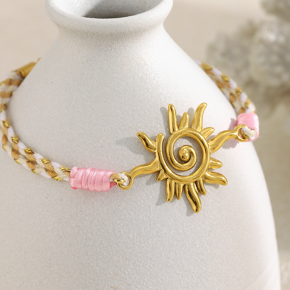 Minimalist 18K Gold Plated Geometric Sun Stainless Steel Rope Bracelet for Women