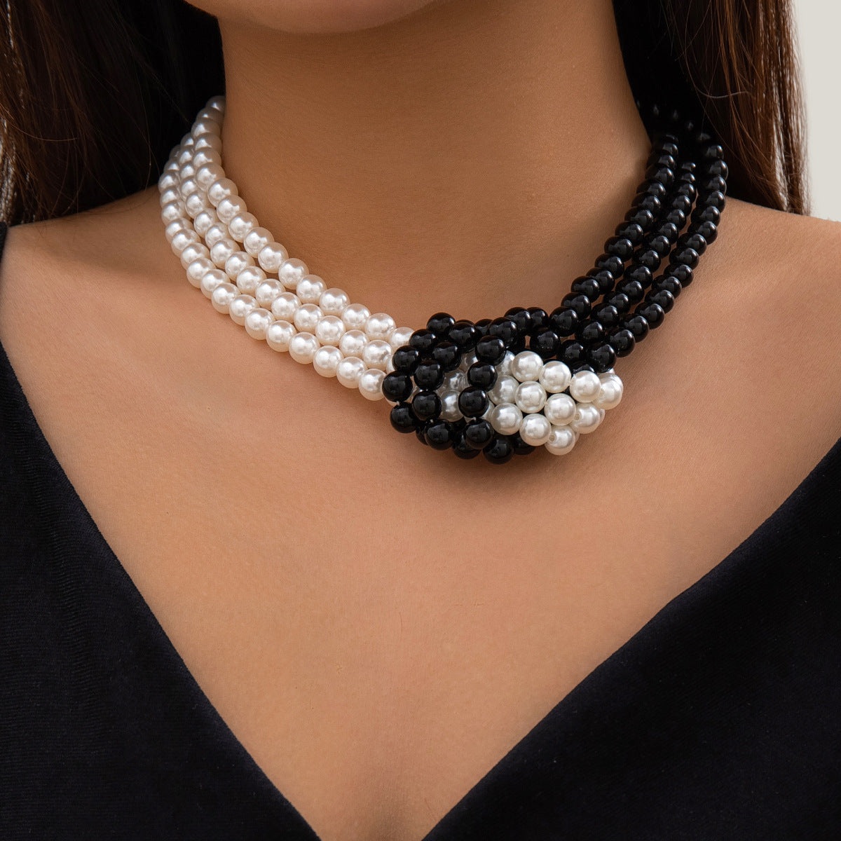 Vintage Elegant Geometric Round Faux Pearl Multi-Layer Ball Chain Choker Necklace for Women
