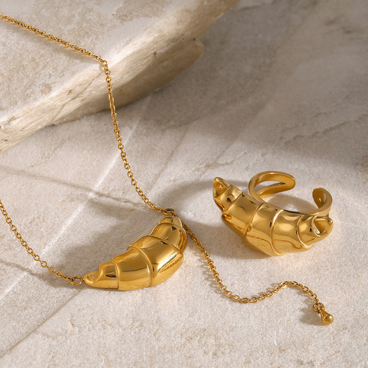 Ins Style Geometric Croissant Tassel Pendant Necklace and Ring Set 18K Gold Plated Stainless Steel