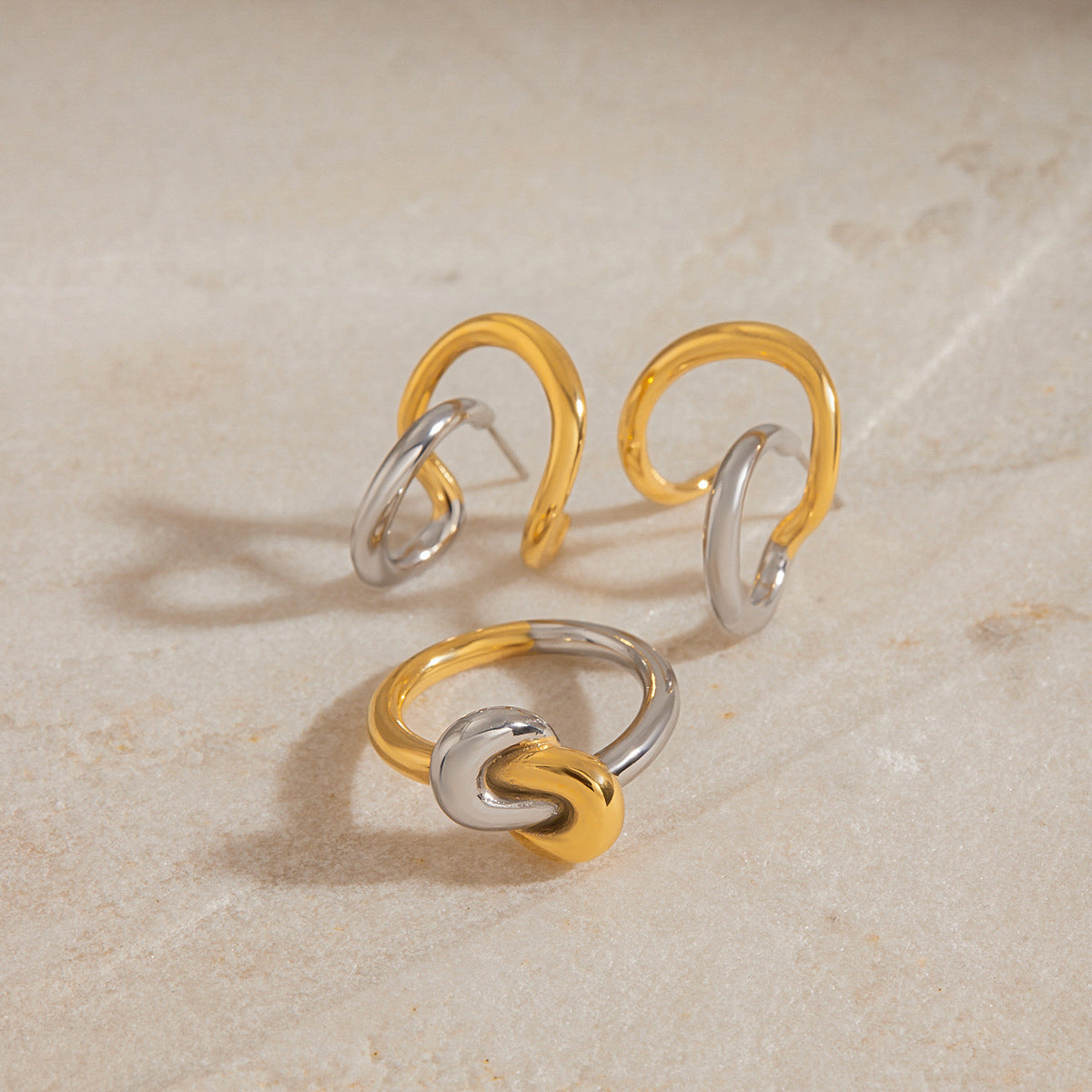 Color Block Geometric Stainless Steel and Titanium Steel Plated Ring and Earring Clip Set for Women