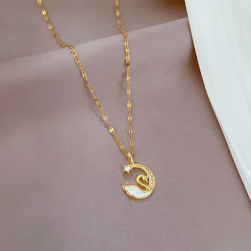Elegant Moon and Swan Pendant Necklace in Stainless Steel with Geometric Design for Women and Men