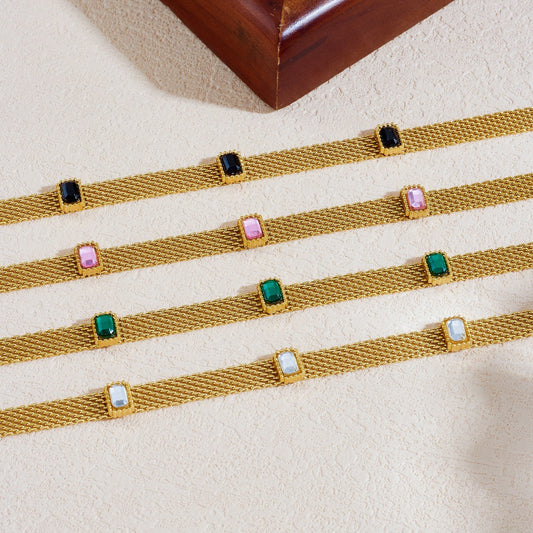 Vintage Colorful Square Geometric Rhinestone Inlay Mesh Hollow Chain Stainless Steel Bracelet
