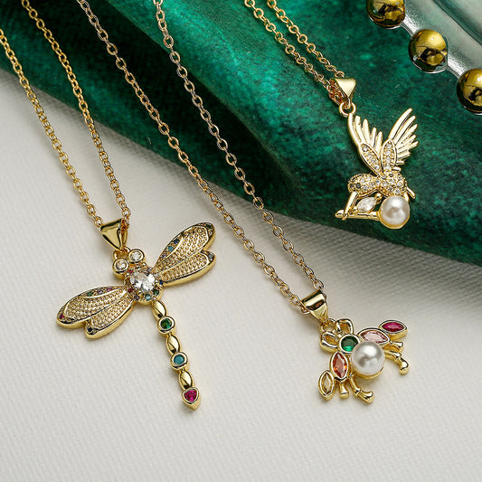 Minimalist Geometric Bee and Dragonfly Pendant Necklace for Women in Brass with Gold Plating and Zircon Inlay