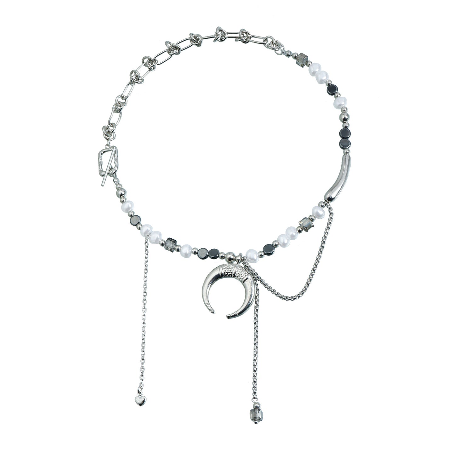 Elegant Geometric Moon Alloy Necklace with Cubic Zirconia and Pearl Plated Pendant for Women