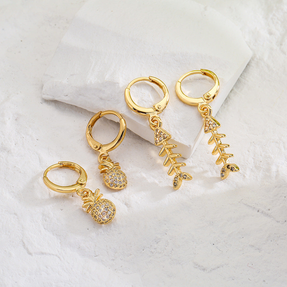 Minimalist Geometric Pineapple Fishbone Earrings for Women with Copper Base Plated in 18K Gold and Micro-Paved Zirconia