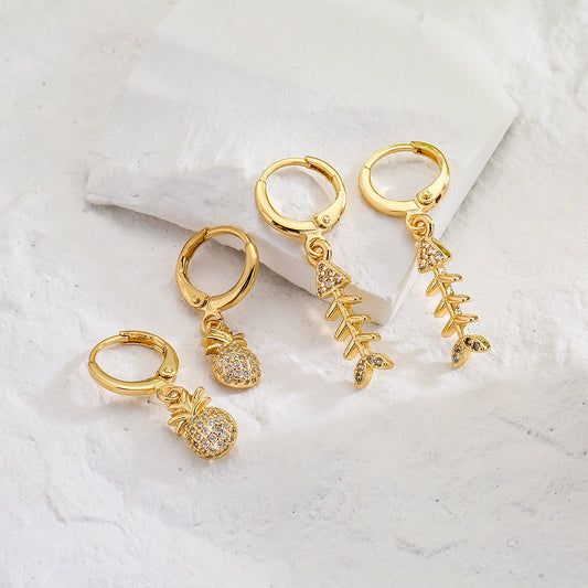 Minimalist Geometric Pineapple Fishbone Earrings for Women with Copper Base Plated in 18K Gold and Micro-Paved Zirconia