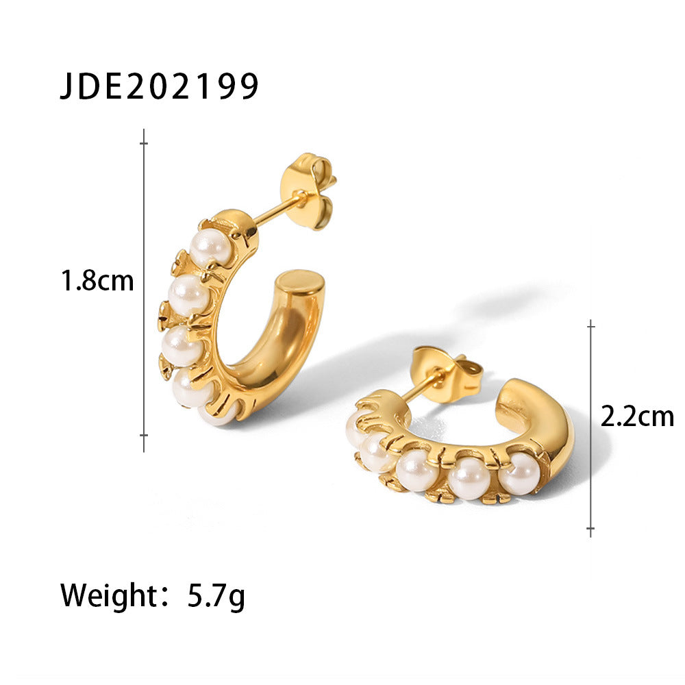 Sweet Geometric Stainless Steel C-Shape Hoop Earrings with Pearl Inlay for Women
