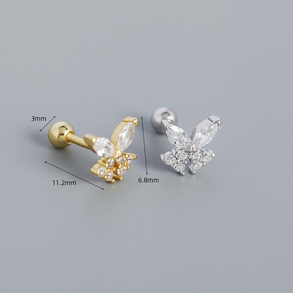 Sweet-Edgy Butterfly-Shaped S925 Sterling Silver Stud Earrings with Rhinestone Inlay for Women