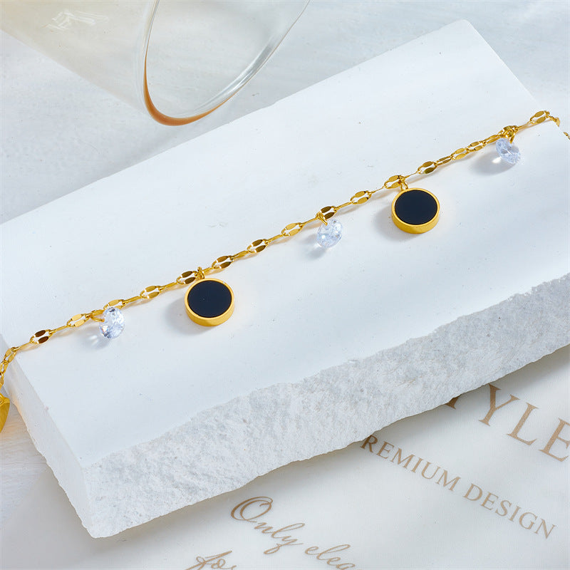 Cavigliera in titanio stile spiaggia con ciondolo circolare nero minimalista retrò di moda in strass trasparenti