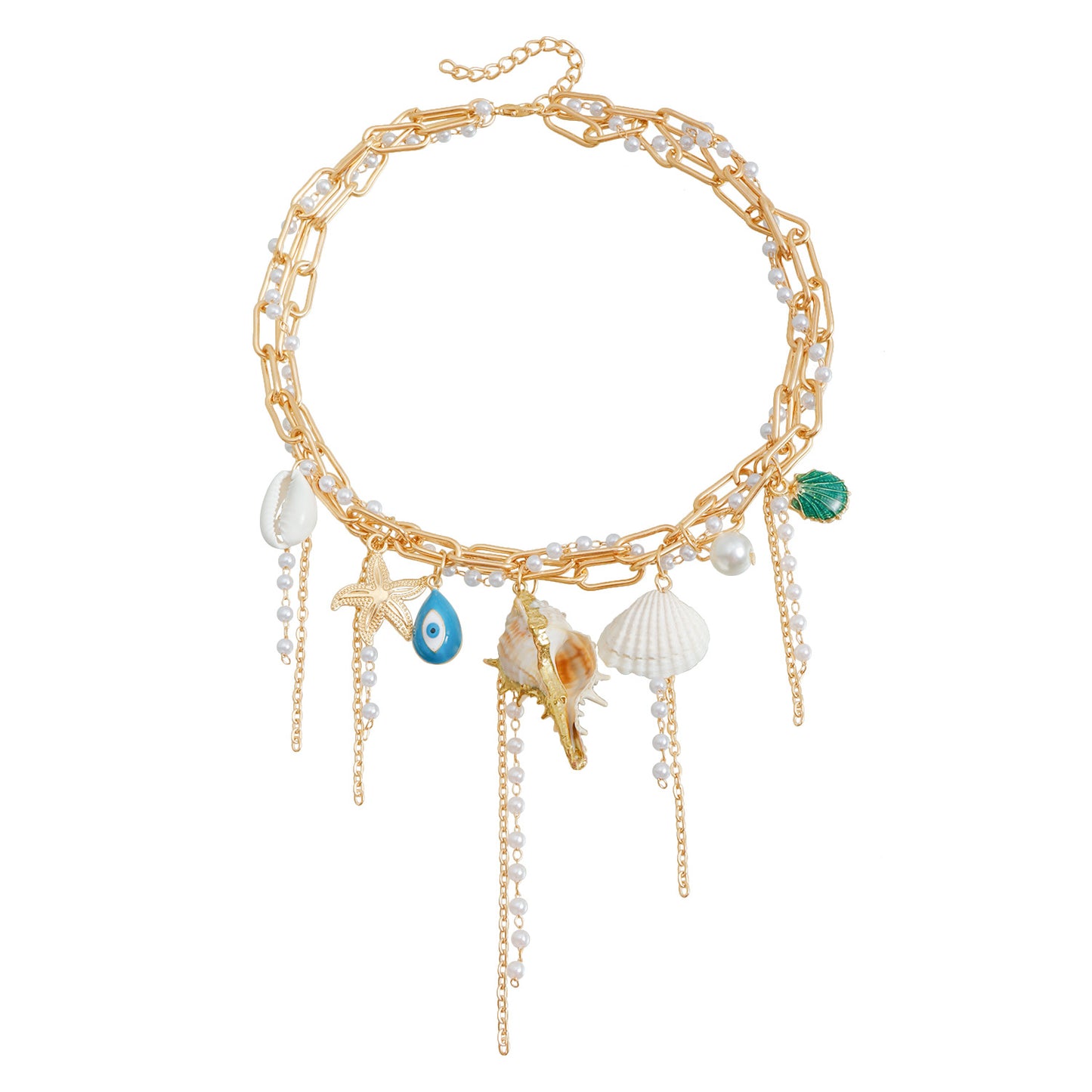 Elegante collar con colgante de aleación con forma de estrella de mar, borla y detalle de perlas trenzadas para mujer