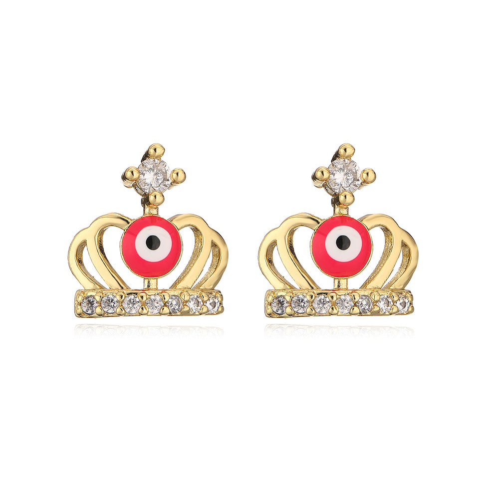 Orecchini a perno con corona geometrica personalizzata stile Ins, in rame con micro-pavé di zirconi e placcatura in oro 18K da donna