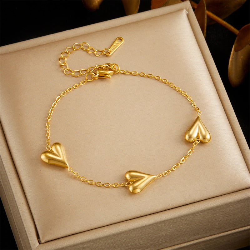 Gold Plated Stainless Steel Heart Charm Bracelet and Necklace Set for Women Fashionable Office Lady Commuting Jewelry