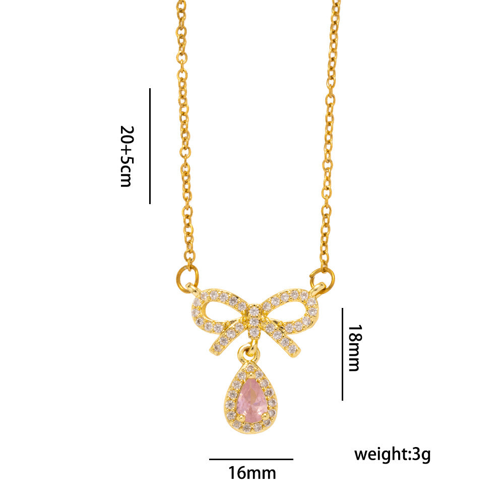 Sweet Bow Heart Pendant Necklace Set with Zircon Inlay in Titanium Steel with O-Chain for Women