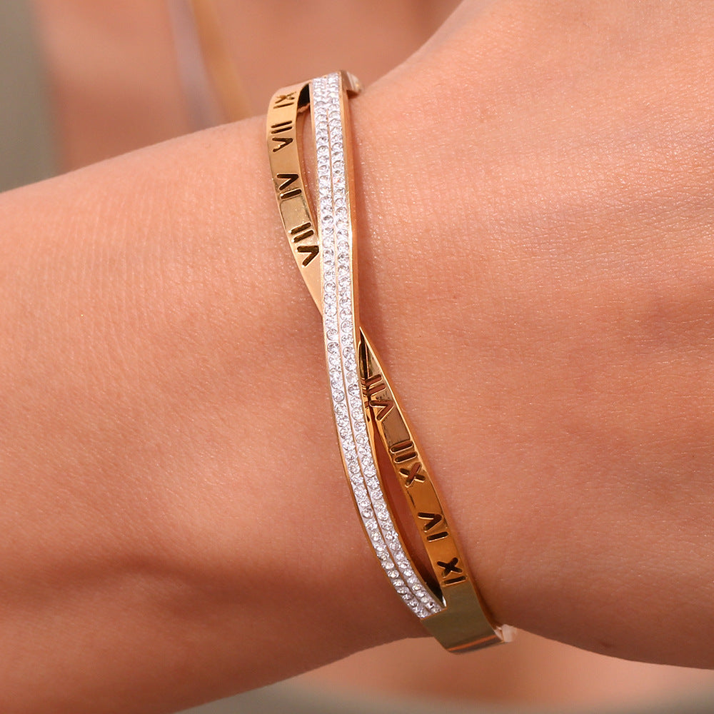 Minimalist Geometric Stainless Steel Plated 18K Gold Cross-Set Rhinestone Bracelet for Women