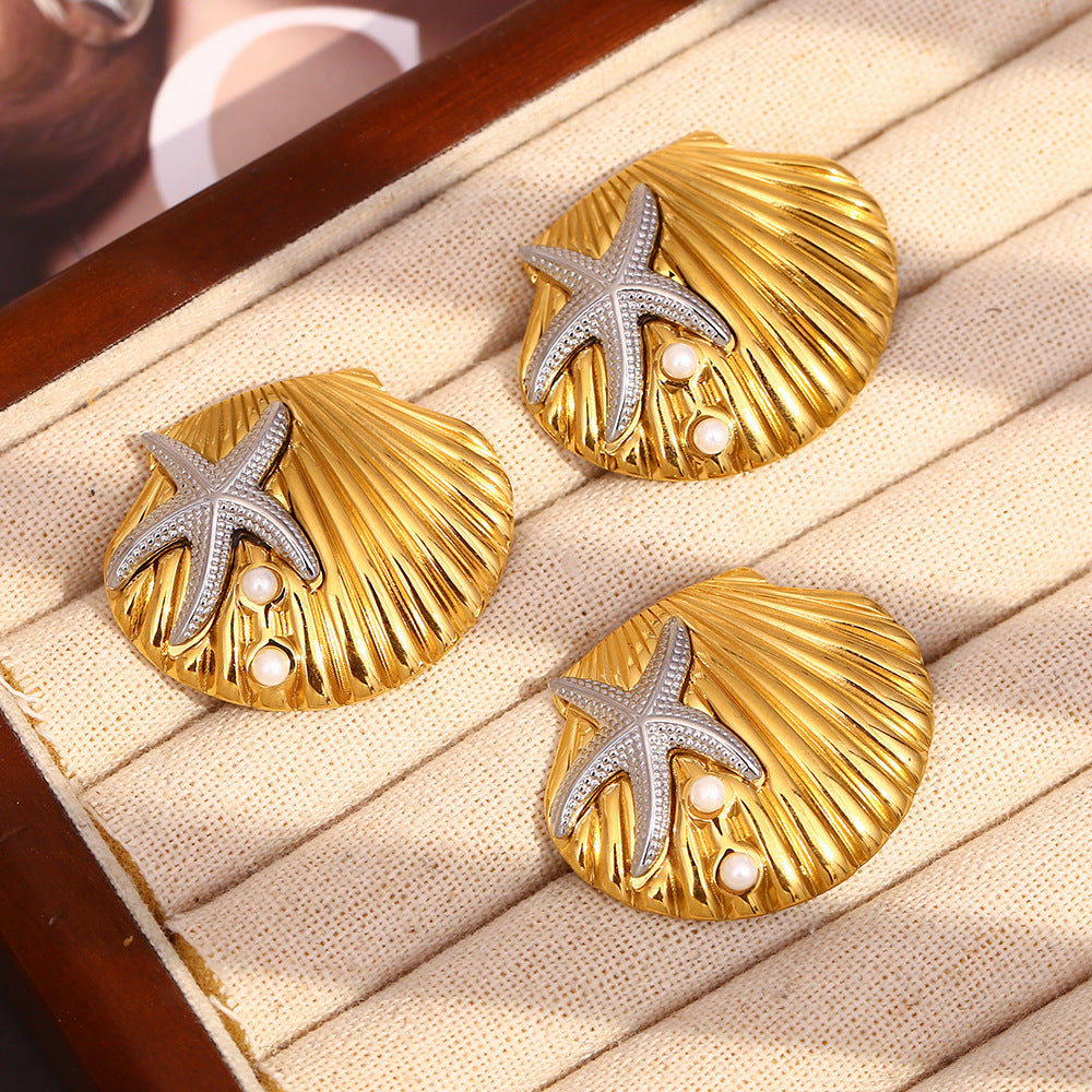 Minimalist Starfish and Scallop Shell Earrings in Stainless Steel with 18K Gold Plating for Women