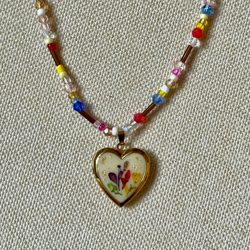 Vintage Painted Floral Heart Oval Brass Plated Pendant