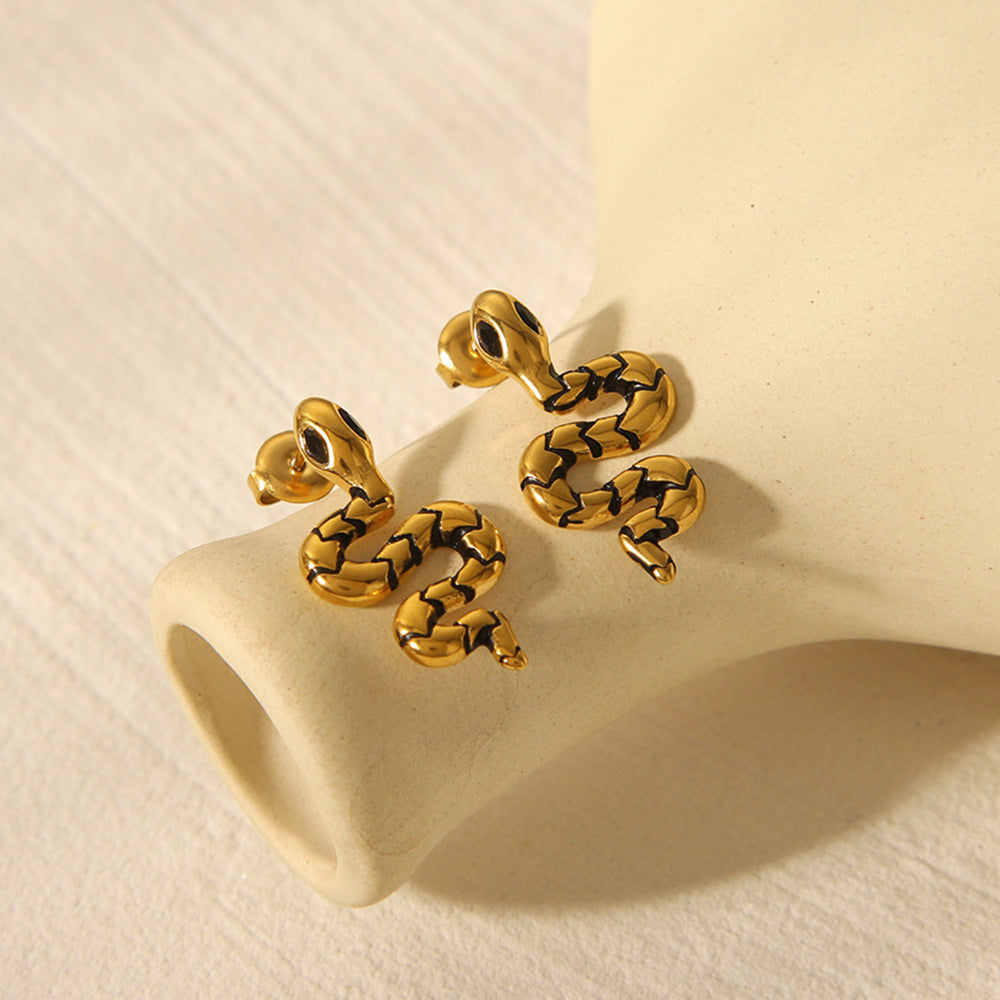 Fashionable Geometric Snake Stud Earrings 18K Gold Plated Stainless Steel for Women