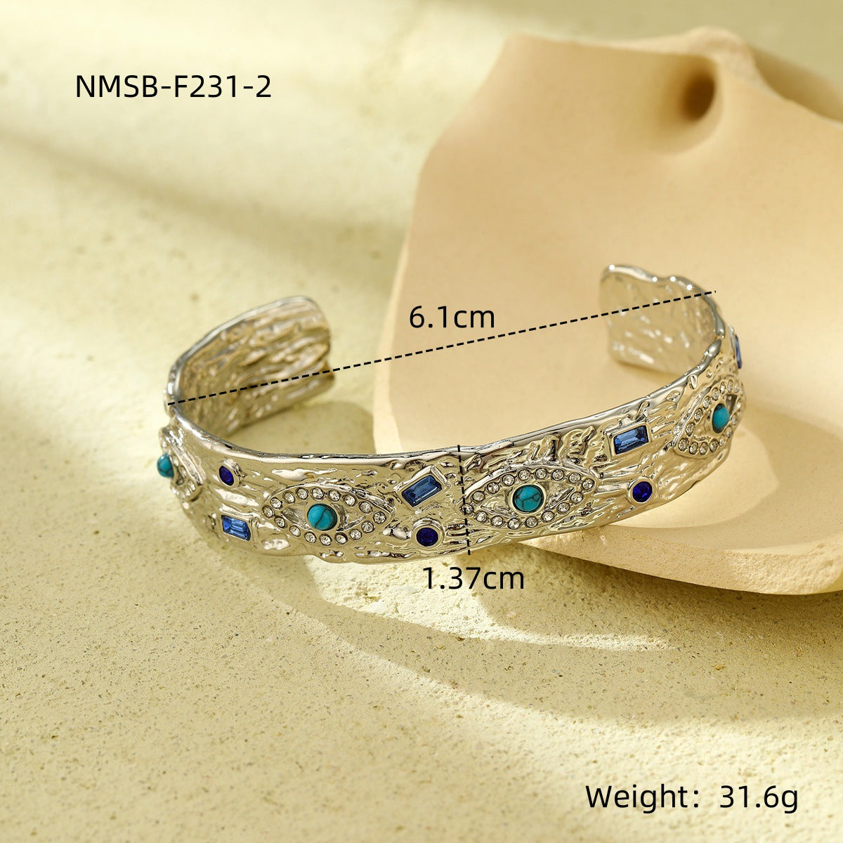 Bracciale in acciaio al titanio con occhi d'angelo in stile vintage francese e pietre naturali intarsiate, con accenti di strass, in acciaio inossidabile ipoallergenico, dal design elegante e lussuoso