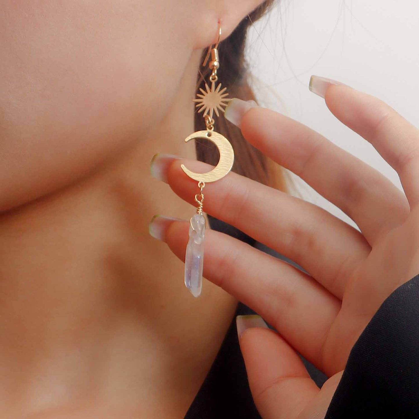 Vintage Geometric Moon-Shaped Long Tassel Earrings with Transparent Semi-Precious Stones for Women