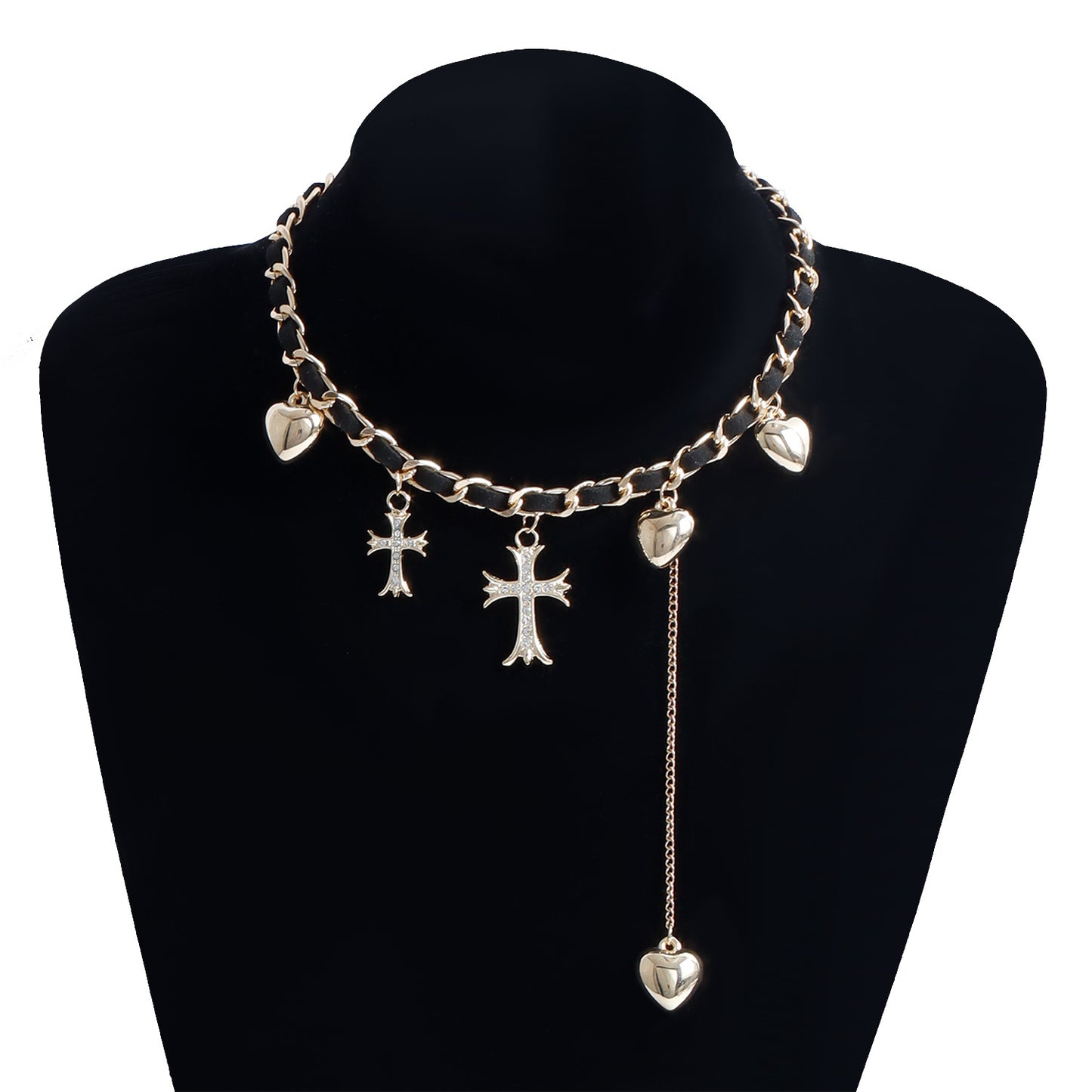 Vintage Style Heart and Cross Pendant Necklace with Plated Metal Choker Chain for Women