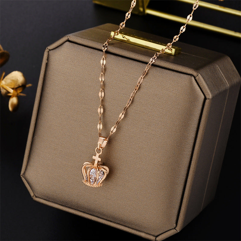 Natural Geometric Crown Pendant 18K Rose Gold Plated Titanium Steel Water Wave Chain Necklace for Women