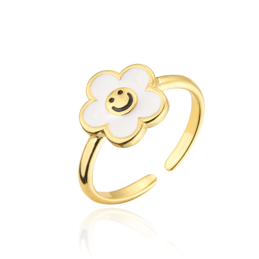Fashion Drip Oil Gold Plated Brass Geometric Flower Open Ring for Women