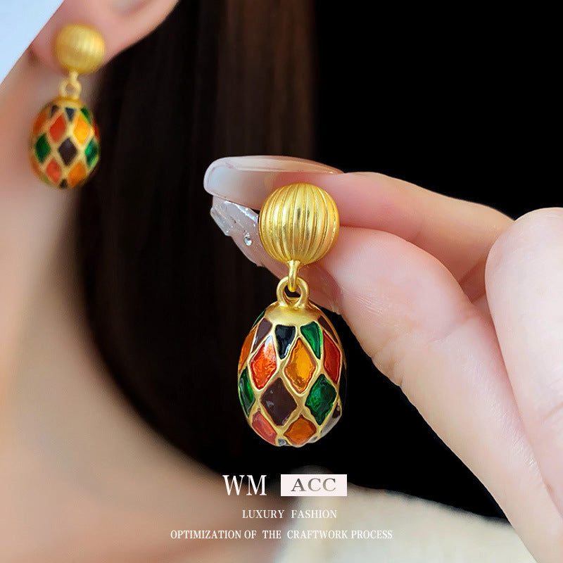 Vintage-Style Geometric Enamel Oval Earrings in Alloy for Women with Retro Artistic Appeal