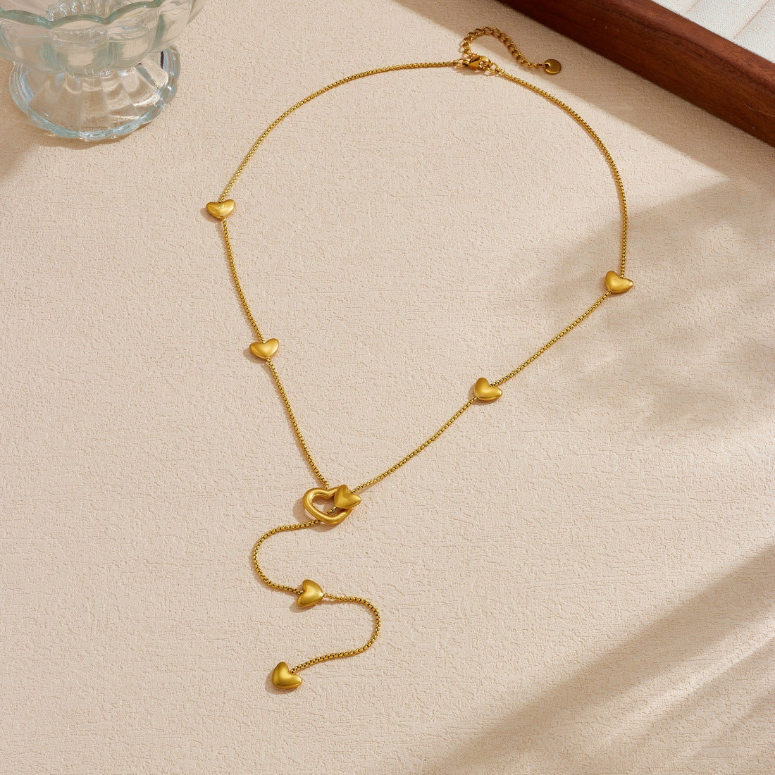 Minimalist Hollow Heart Gold Plated Stainless Steel Y-Chain Long Tassel Necklace for Women